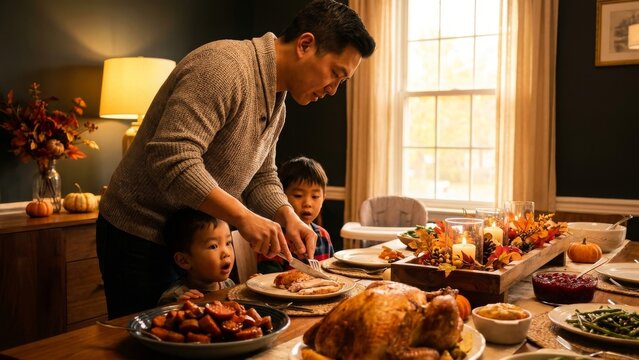 Family - Asian father carving thanksgiving turkey for sons at holiday dinner table