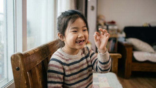 Family - Asian girl smiling while holding her lost baby tooth
