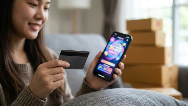 Finance - Asian woman using credit card for online shopping at home
