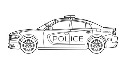 Black and white line art illustration of a police patrol car © Azrha
