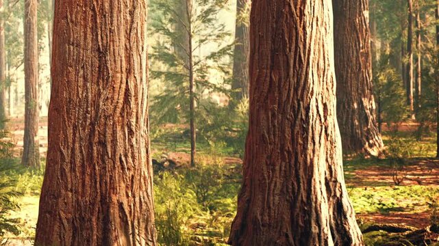 A group of tall trees stands in a dense forest. Sunlight filters through the branches, creating bright spots on the ground. Green plants grow on the rich soil in the area.