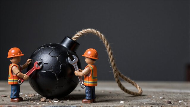 Two toy workers with wrenches handle a cracked bomb, symbolizing risk and repair.