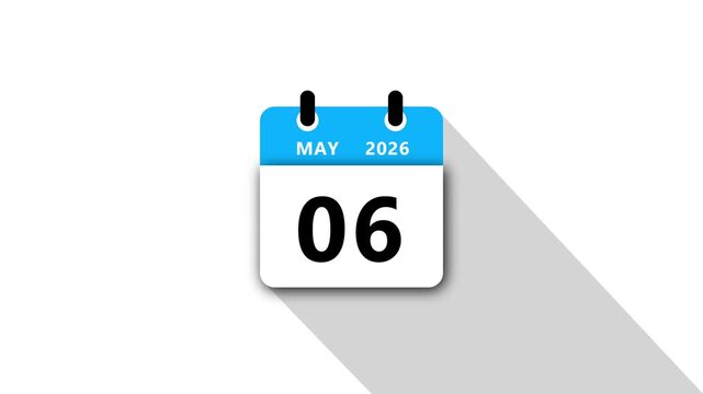 May 6 Daily Calendar. Blue Theme on White Background.may 2026 Calendar Icon Animation, New Year Date Flip,Modern Desk Calendar,Clean Minimal Schedule Reminder Event Planning,Time Management