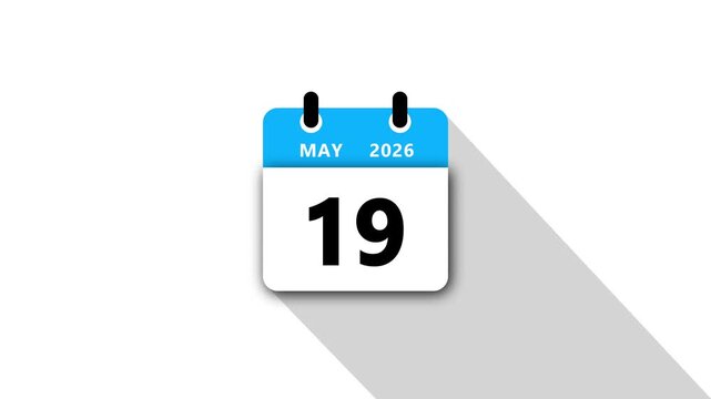 May 19 Daily Calendar. Blue Theme on White Background.may 2026 Calendar Icon Animation, New Year Date Flip,Modern Desk Calendar,Clean Minimal Schedule Reminder Event Planning,Time Management