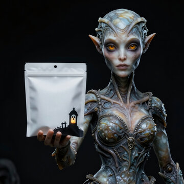 Fantasy alien creature holding white pouch with spooky graphic