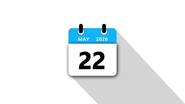 May 22 Daily Calendar. Blue Theme on White Background.may 2026 Calendar Icon Animation, New Year Date Flip,Modern Desk Calendar,Clean Minimal Schedule Reminder Event Planning,Time Management