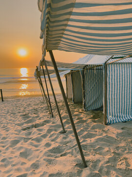Sunset view over beach tents at Furadouro Ovar