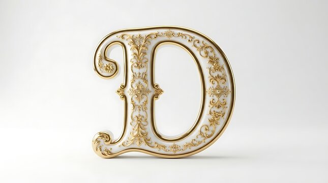 Letter D features intricate gold scrollwork on a smooth white surface.