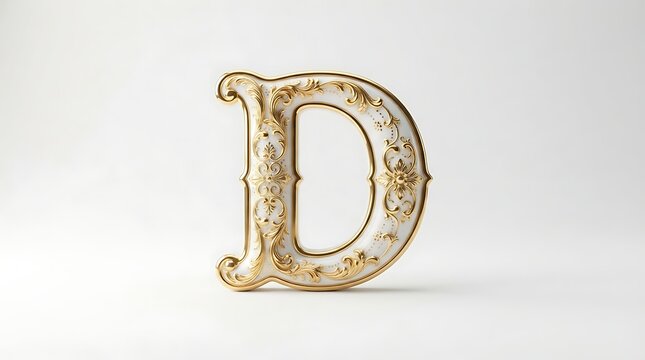Letter D stands as a decorative gold embossed character on a neutral white field.