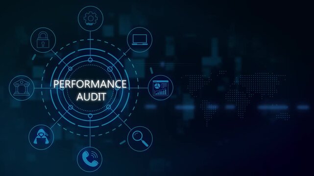 Performance audit digital interface concept with hud and global data network animation business analysis