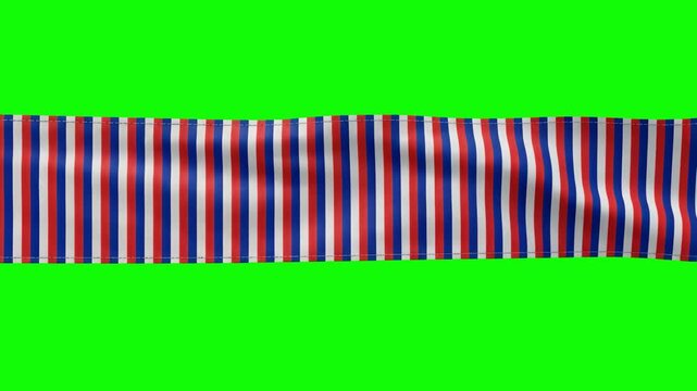 A detailed 3D model of a red, white, and blue striped fabric ribbon stretched horizontally across a bright green screen background for easy chroma key compositing. Ideal for grand opening ceremonies, 