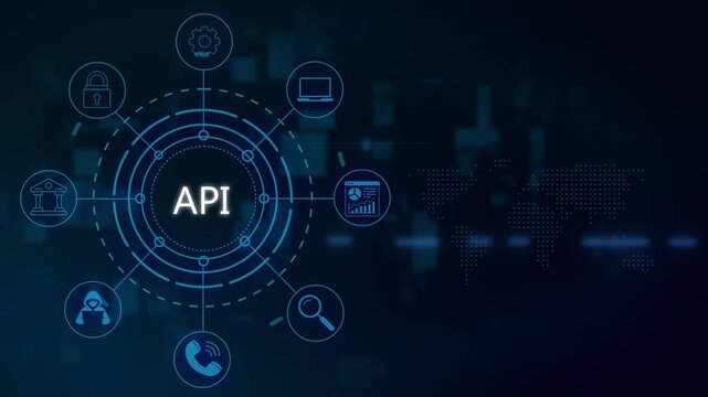 Api integration concept with digital hud interface and global network connectivity, abstract technology background, for software development, data exchange and, cyber security visualization