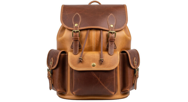 Vintage brown leather travel bag isolated on transparent background