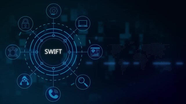 Swift global banking network infographic motion financial technology and secure digital transaction interface animation