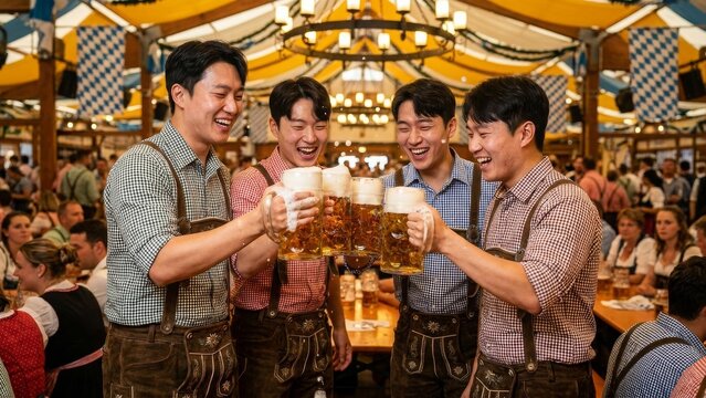 People - Asian men in traditional German clothing cheering with beer mugs at festival