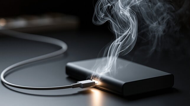 An electronic device is smoking intensely from its cable connection, indicating a severe electrical malfunction.