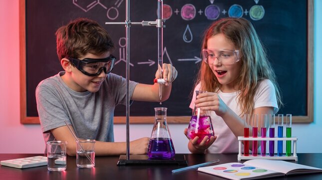 Education: Children perform colorful titration during a hands-on back-to-school chemistry class