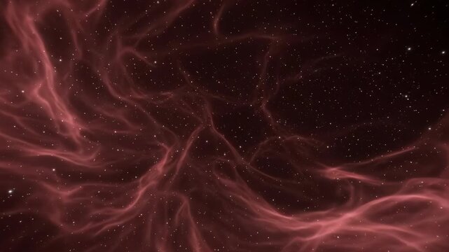 An atmospheric 3D render showing subtle reddish cosmic dust clouds and swirling space nebula smoke interwoven with faint glowing distant stars. Perfect for deep space documentaries, sci-fi video backd