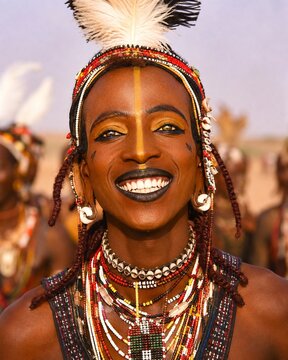 Smiling Gerewol Festival Performer in Traditional Adornment