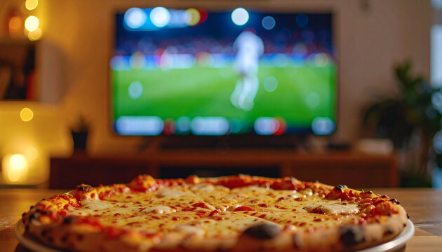 Delicious pizza served on a wooden table in front of a blurred television screen showing a live sports match game
