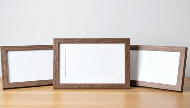Three wooden picture frames with white empty inserts standing on a light wooden table against a plain white wall