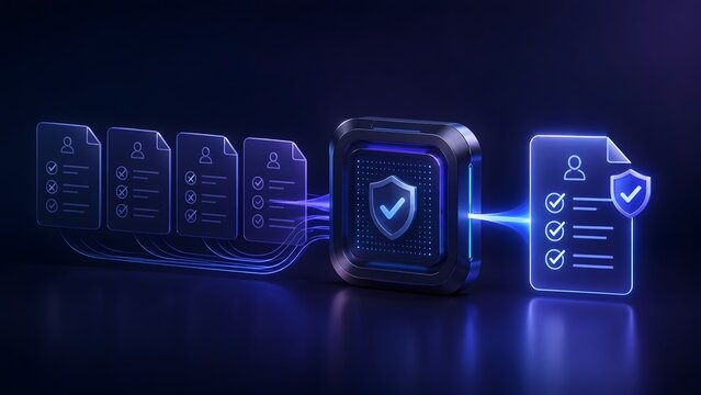 Glowing digital files passing through a secure cybersecurity shield for identity verification and data protection processing