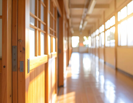 学校の校舎の廊下　木造の引き戸と窓から差し込む自然光が明るい日本の教育施設　卒業式や入学式の思い出を想起させるノスタルジックな雰囲気の背景素材　チラシやWebサイト、広告等の文字入れに適したコピースペースのある室内風景写真