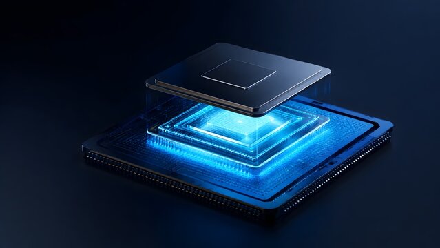 Macro view of a modern glowing blue computer microchip processor on a dark motherboard