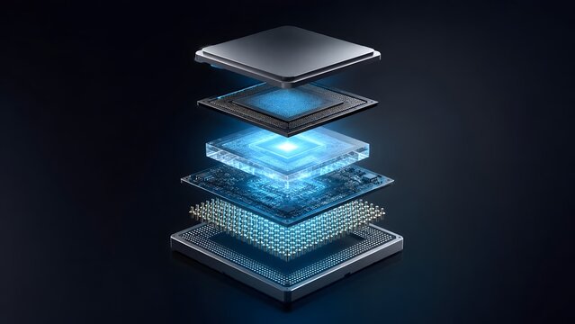 Exploded layered view of a glowing high tech computer microchip processor components