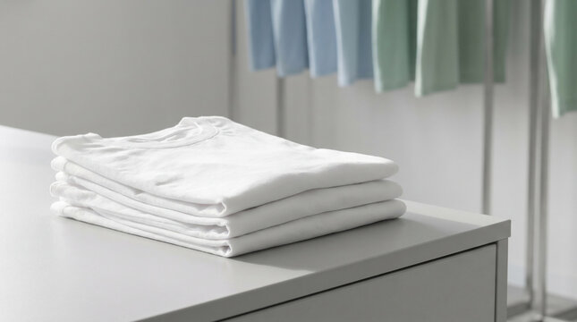Stack of folded white t-shirts on a light grey surface, clean and minimalist aesthetic, concept for fashion retail, clothing brand advertising and textile industry presentations