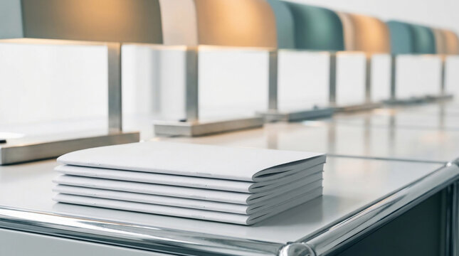 Stack of blank white notebooks on a sleek metallic desk with row of modern desk lamps in background, perfect for office supplies, educational materials and corporate presentations