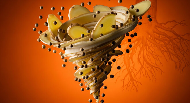 Swirling sliced ginger and coriander seeds with visible roots against a gradient orange background, suitable for food advertising, culinary content and spice marketing