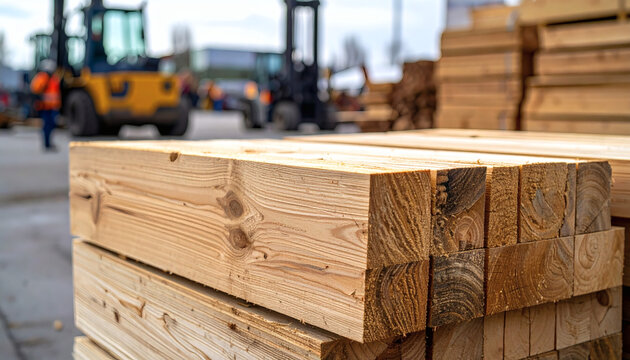 Wooden lumber beams stacked in a construction yard with a blurred yellow forklift operating in the bright sunny background