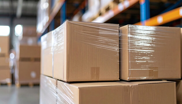 Cardboard boxes stacked in a large warehouse facility with protective plastic wrap for shipping and logistics industrial supply storage