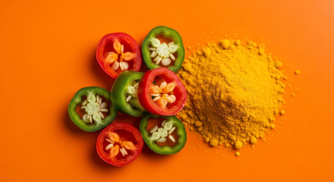 Vibrant sliced red and green chili peppers with a pile of bright yellow turmeric powder, top view, concept for culinary, cooking and healthy eating promotions