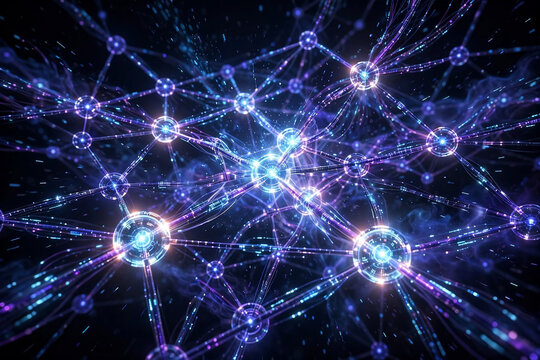 Vibrant network of glowing nodes and interconnected lines, a complex digital web, ideal for technology presentations, data visualization and artificial intelligence concepts