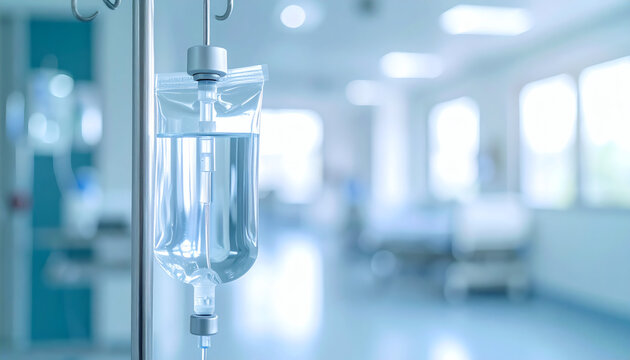 Intravenous drip bag hanging in a bright modern hospital room with blurred medical background for healthcare and clinical concepts