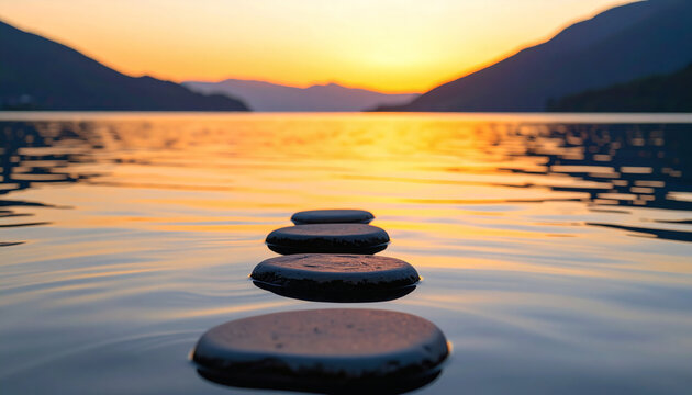 Zen stones arranged in a line on calm lake water surface during a beautiful golden sunset with distant mountains