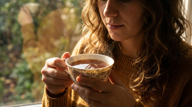 Warmth and comfort: A woman holding a steaming cup of tea, by a sunlit window, suitable for lifestyle blogs, cozy interiors and beverage advertising