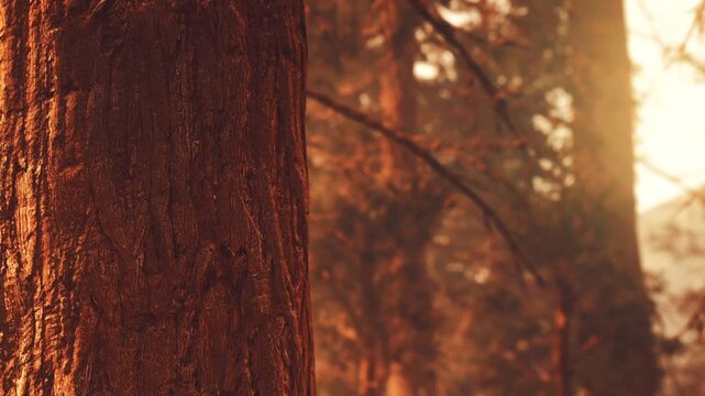 Sunlight filters through tall trees in a dense forest. The scene shows warm hues as light touches the rough bark of the trees. Shadows play on the ground below, creating a natural setting.