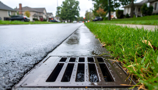 Storm drain grate on a suburban street during a rain shower with wet asphalt road and green grass lawn