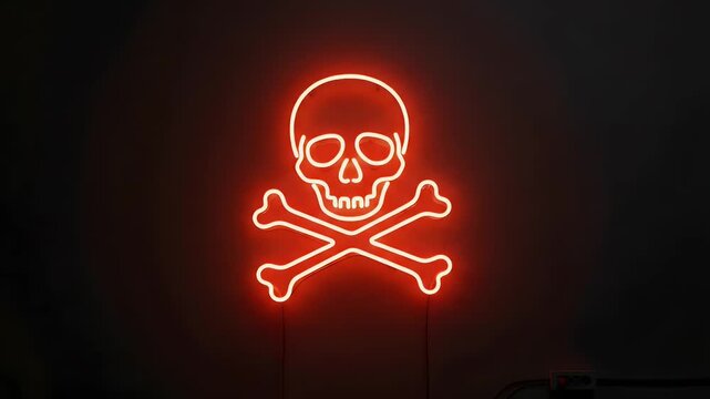 Glowing neon skull and crossbones sign illuminated against a dark background, creating a stark warning
