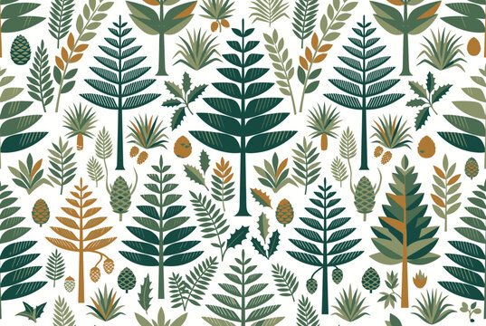 Seamless pattern with stylized evergreen leaves and needles.
