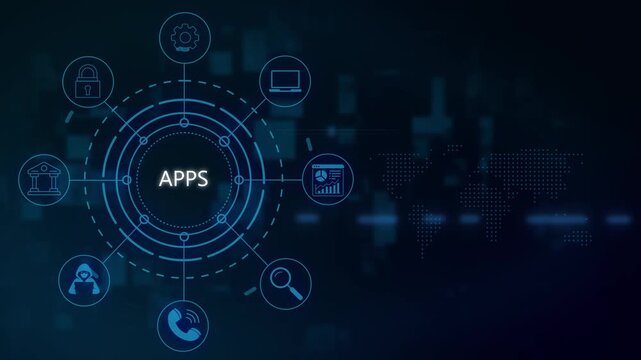 Digital app ecosystem hud interface with global network connectivity and software animated technology background, for business and, tech presentations