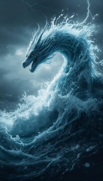 A dragon emerging from a tidal wave