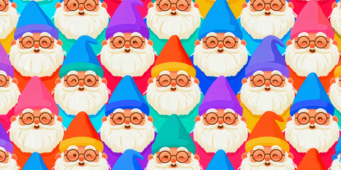 Fototapeta premium The Gnomes That Gather In Bright Color As Rows Of Bearded Faces Fill A Playful Pattern, ai generated.
