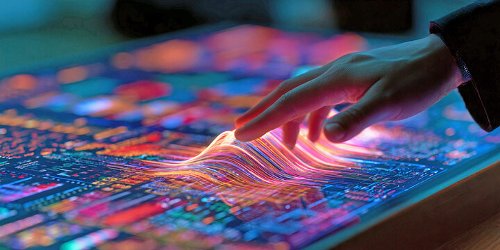 The Hand That Moves Through Neon Waves As Living Data Glows Beneath A Touch Of Light, ai generated.