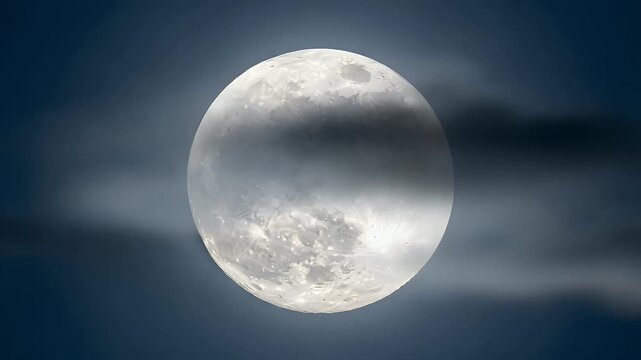A radiant and luminous full moon shines brightly in the dark night sky, partially obscured by wispy, translucent clouds, creating a mysterious and ethereal celestial scene.