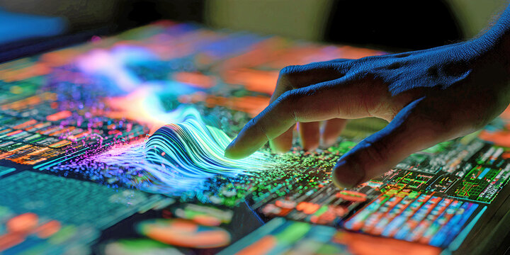 The Hand That Moves Through Neon Waves As Living Data Glows Beneath A Touch Of Light, ai generated.
