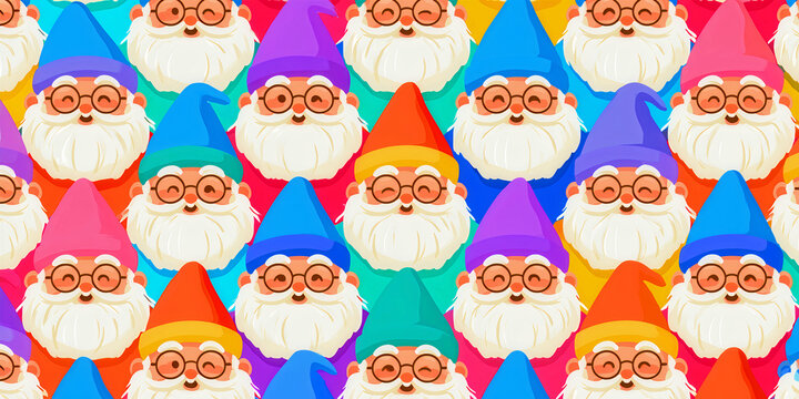 The Gnomes That Gather In Bright Color As Rows Of Bearded Faces Fill A Playful Pattern, ai generated.